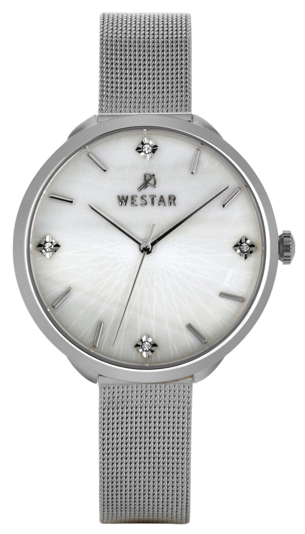 Westar Zing Crystal Accents Stainless Steel Mesh White Mother Of Pearl Dial Quartz 00128STN11 Women's Watch