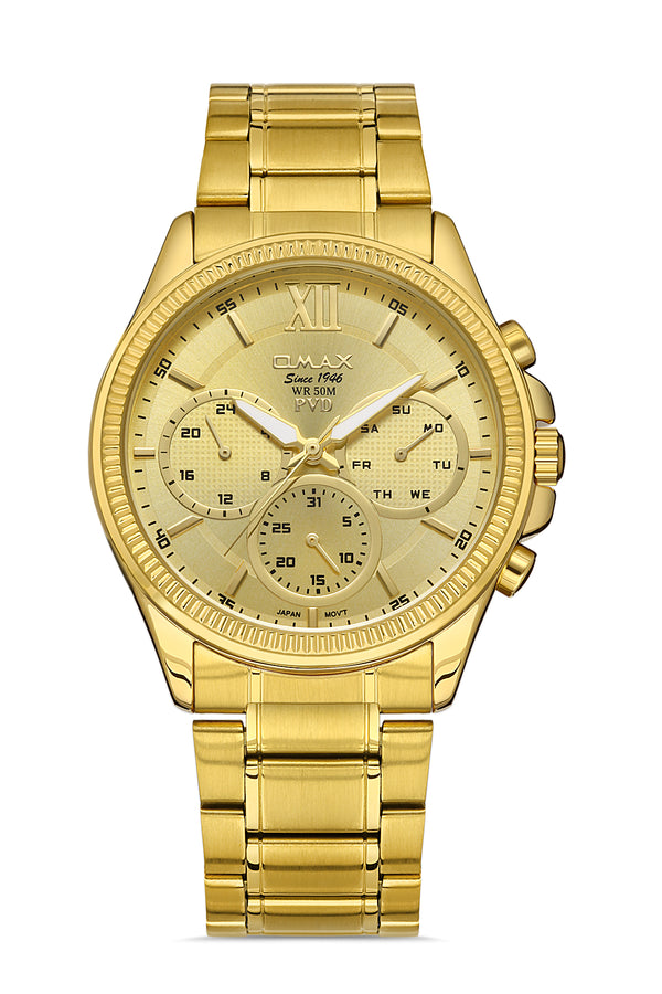 Omax Men's Watch Classy 42mm Gold Plated Stainless Steel Waterproof with Chronograph and Date