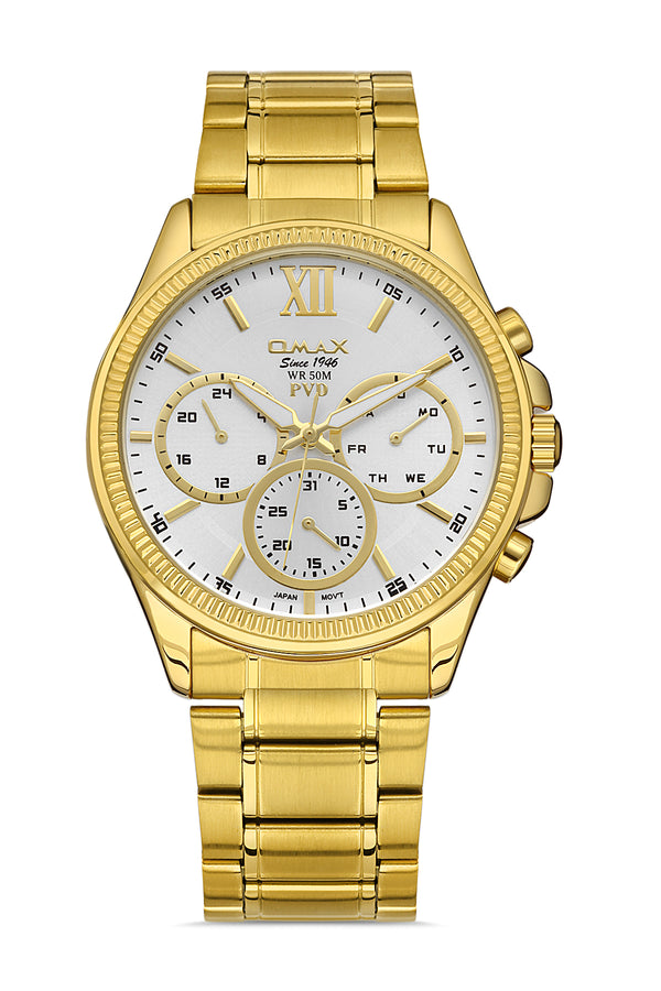 Omax Men's Watch Classy 42mm Gold Plated Stainless Steel with Gold Bezel and White Dial | Water Resistant with Chronograph and Date