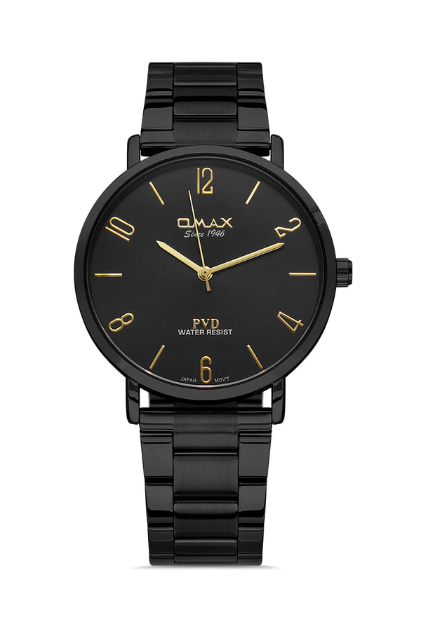 Omax Men's Watch Minimalist 42mm Black PVD Coated Stainless Steel with Black Dial | Gold Hands with Gold Arabic Numerals | Water Resistant