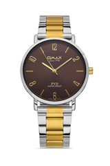 Omax Men's Watch Two-Toned 42mm Silver and Gold PVD Coated Stainless Steel with Brown Dial | Gold Hands with Gold Arabic Numerals | Water Resistant