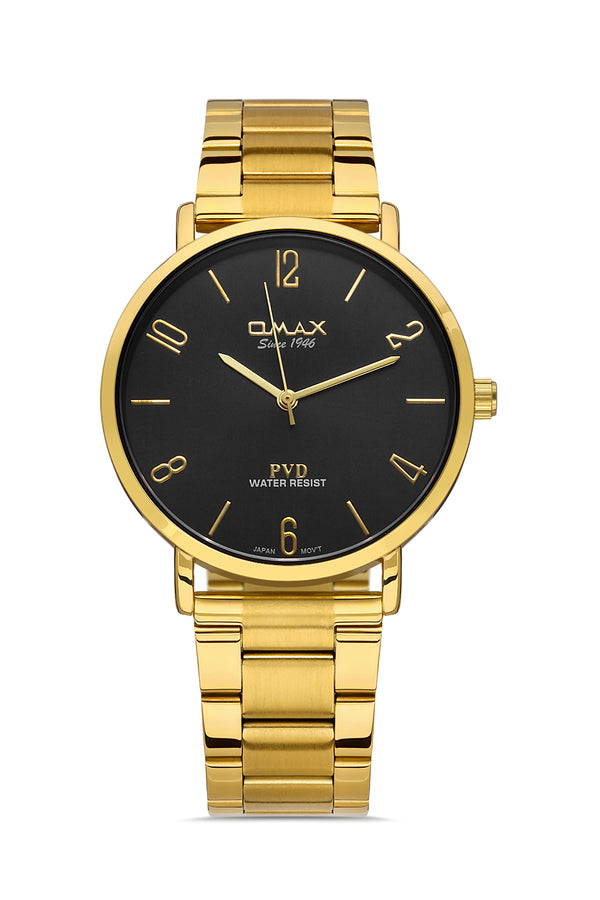 Omax Men's Watch Two-Toned 42mm Gold and Gold PVD Coated Stainless Steel with Black Dial | Gold Hands with Gold Arabic Numerals | Water Resistant
