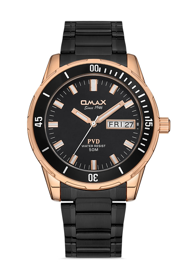 Omax Men's Watch Turtle 44mm Black PVD Coated Stainless Steel with Rose Gold case and Black Dial Plus Rose Gold Hands | Water Resistant