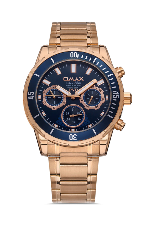 Omax Men's Watch Chronograph 44mm Rose Gold PVD Coated Stainless Steel Bracelet and Rose Gold case with Blue Dial Plus Rose Gold Luminous Hands | Water Resistant