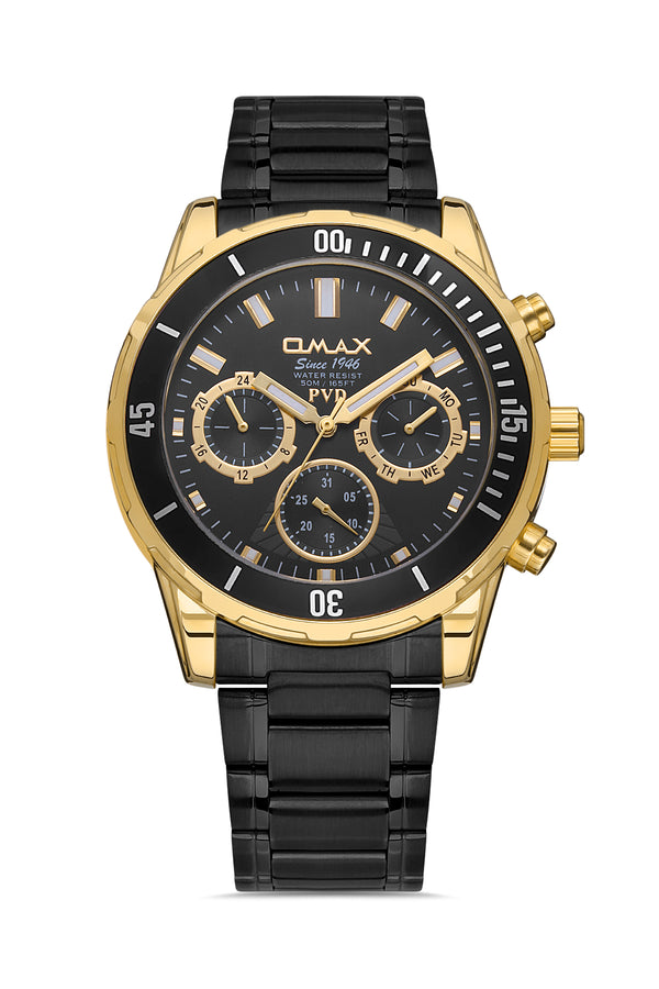 Omax Men's Watch Chronograph 44mm Black PVD Coated Stainless Steel Bracelet and Gold case with Black Dial Plus Gold Luminous Hands | Water Resistant