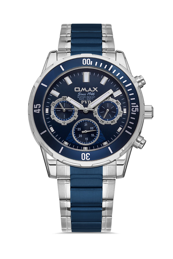 Omax Men's Watch Chronograph 44mm Silver with Blue Center PVD Coated Stainless Steel Bracelet and Blue Bezel with Blue Dial Plus Silver Luminous Hands | Water Resistant