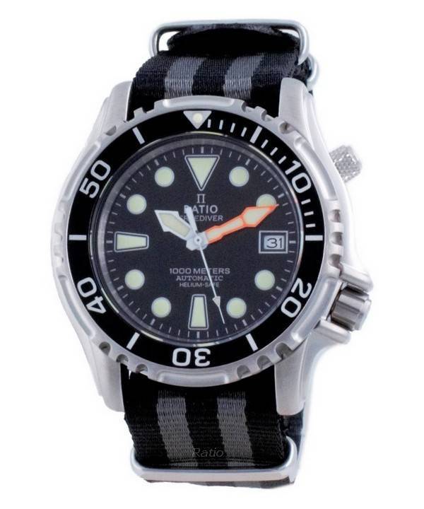 Ratio Free Diver Helium Safe Nylon Automatic Diver's 1066KE20-33VA-BLK-var-NATO1 1000M Men's Watch