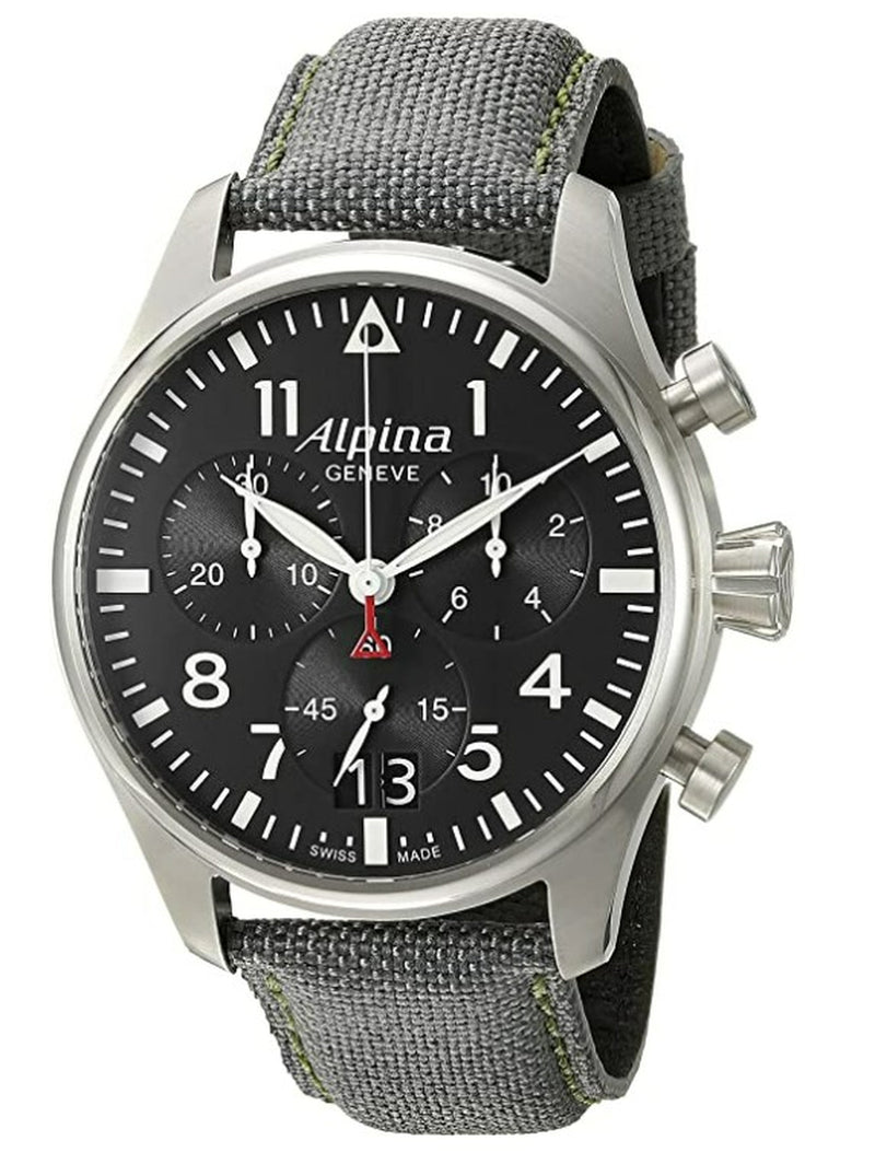 Alpina Mern's 'Smartimer Pilot' Black Dial Chronograph Grey Canvas Strap Quartz Watch AL-372B4S6