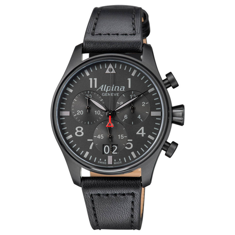 Alpina Men's 'Startimer Pilot' Black Dial Leather E-Strap Black Chronograph Quartz Watch AL-372BB4FBS6