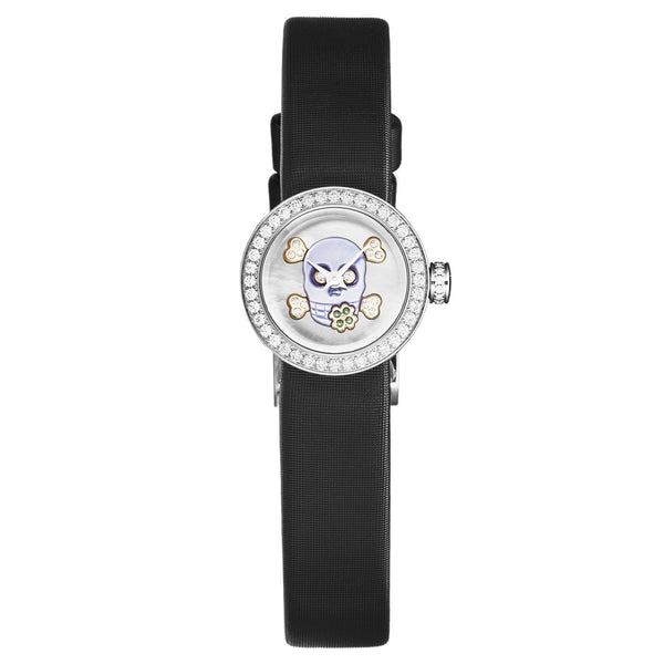 Christian Dior Women's CD040110A029 'La D De Dior Mini' Purlple Skull Dial Diamond Bezel Black Satin Strap Swiss Quartz Watch
