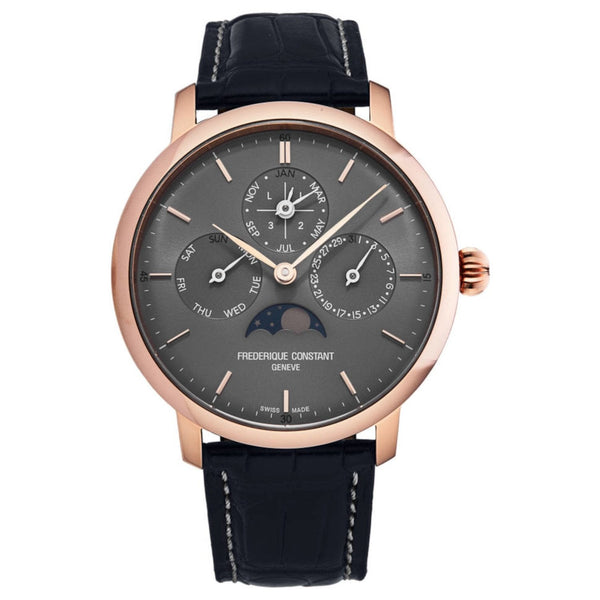 Frederique Constant FC775G4S4 Men's 'Slim Line' Moon Phase Perpetual Calendar Grey Dial Blue Leather Strap Automatic Watch