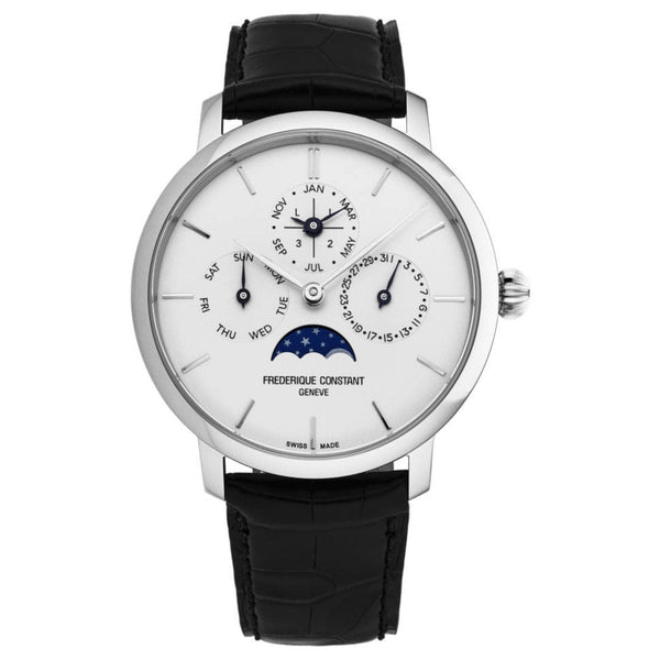 Frederique Constant FC775S4S6 Men's 'Slimline' Moon Phase Perpetual Calendar Silver Dial Black Leather Strap Automatic Watch