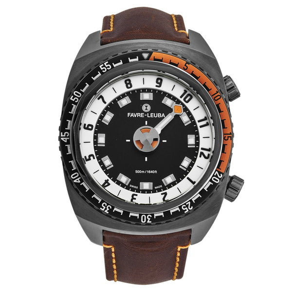 FavreLeuba Men's 00.10101.09.13.44 'Raider Harpoon' Black White Dial Brown Leather Strap Automatic Watch