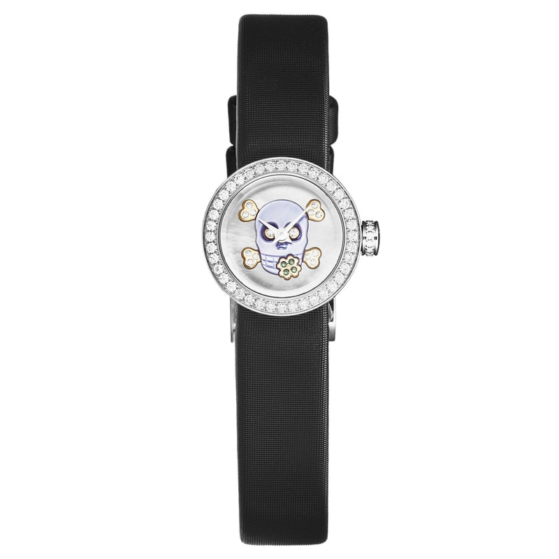 Christian Dior Women's CD040110A029 'La D De Dior Mini' Purple Skull Dial Diamond Bezel Black Satin Strap Swiss Quartz Watch