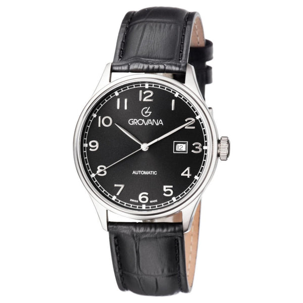 Grovana 1190.2537 Men's Black Dial Black Leather Strap Day Automatic Watch