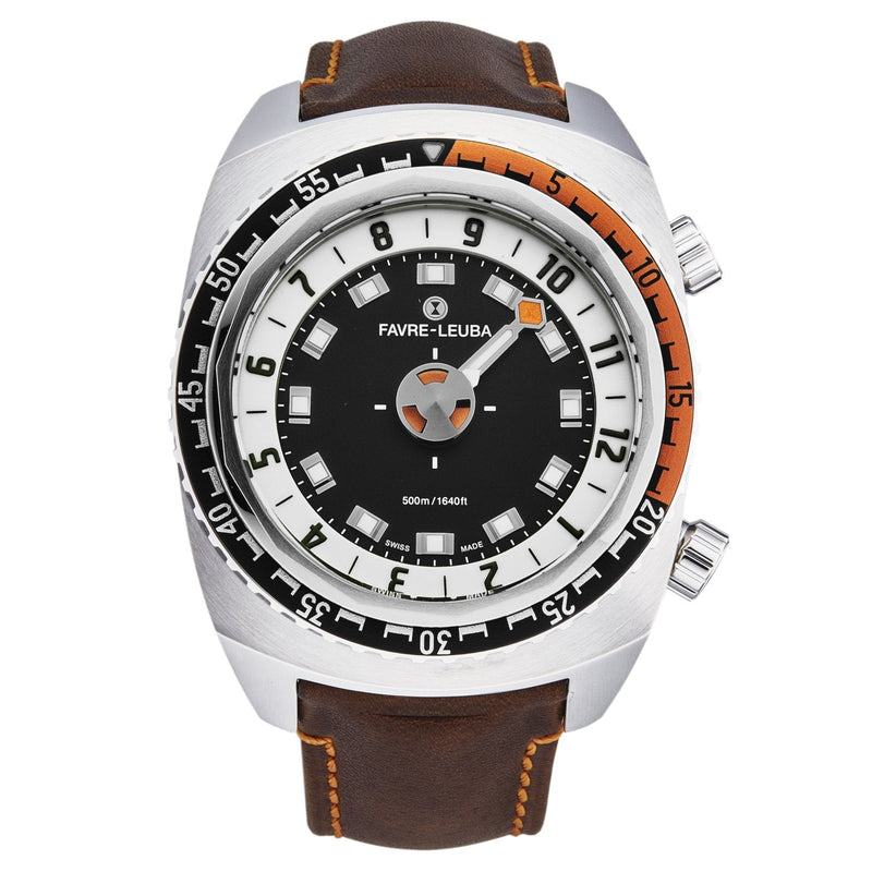 FavreLeuba Men's 00.10101.08.13.44 'Raider Harpoon' Black White Dial Brown Leather Strap Automatic Watch