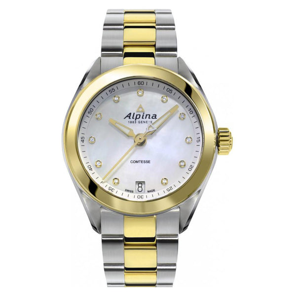 Alpina Women's 'Comtesse' Mother of Pearl Dial Yellow-Gold Stainless Steel Bracelet Swiss Quartz Watch AL-240MPW2C3B