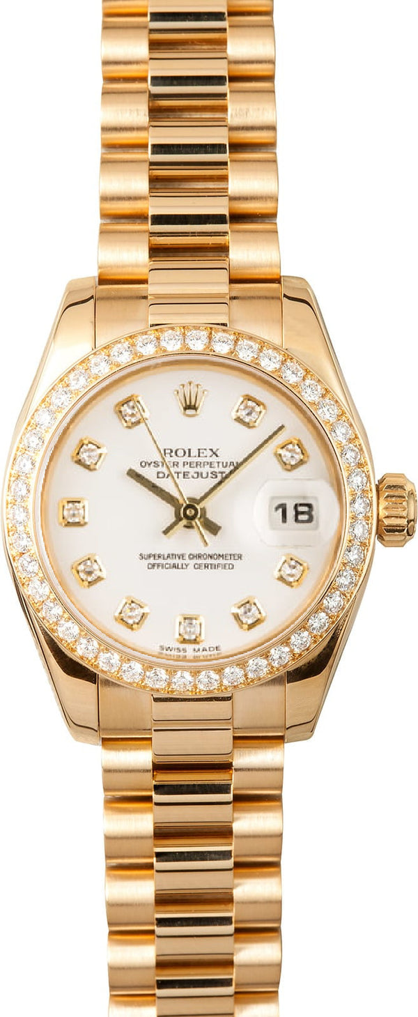 Pre Owned Women'S Used Rolex White Diamond Dial Lby 42 Diamond Bezel President Band 179138