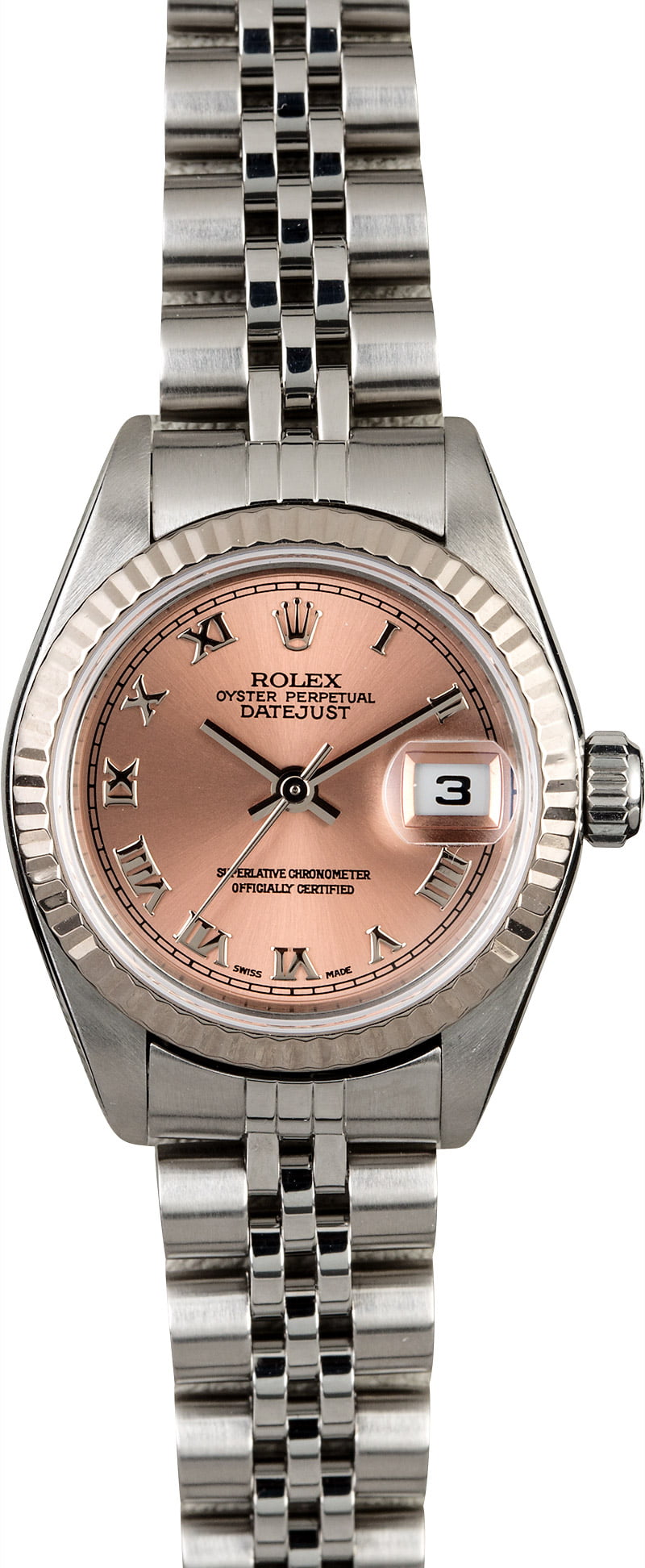 Pre Owned Women'S Used Rolex Rose Roman Numeral Dial 18K White Gold Fluted Bezel Jubilee Band 69174