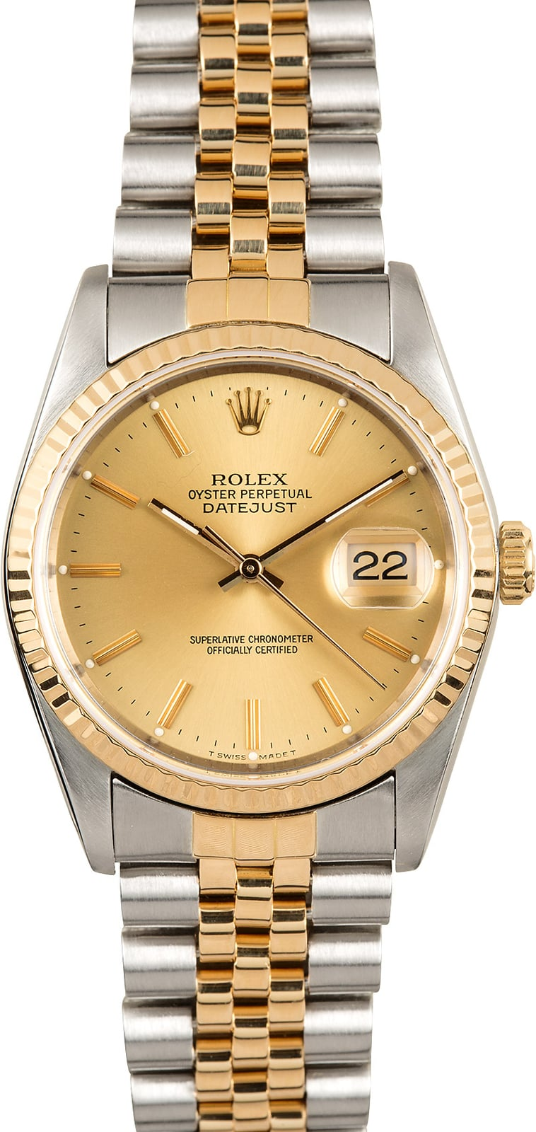 Pre Owned Men'S Used Rolex Champagne Roman Numeral Dial 18K Gold Fluted Bezel Jubilee Band 16233