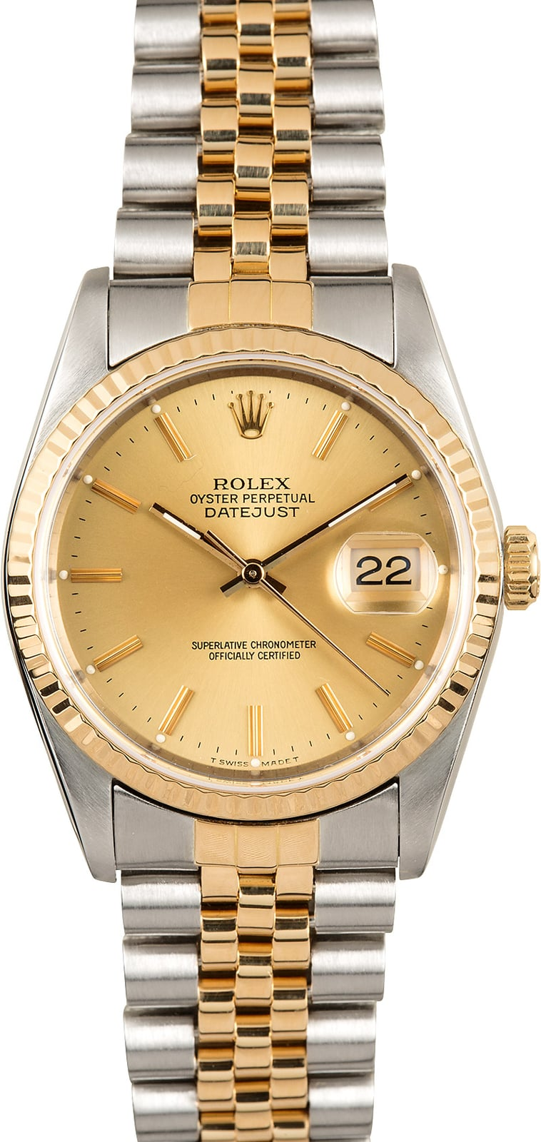 Pre Owned Men'S Used Rolex Champagne Dial 18K Gold Fluted Bezel Jubilee Band 16233