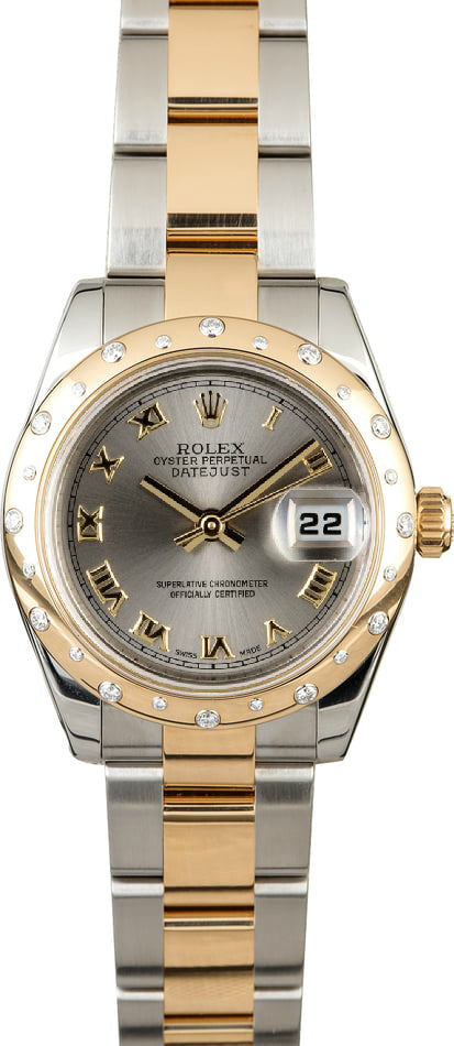 Pre Owned Used Rolex Rhodium Roman Numeral Dial Mby 24 Scrattered Diamond Bezel New-Style Oyster Band 178343