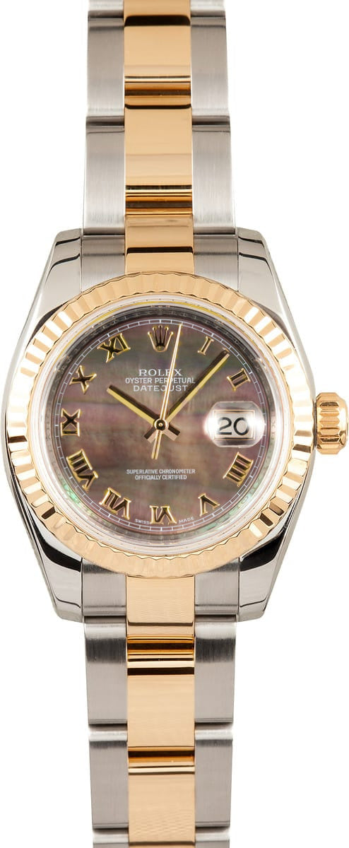 Pre Owned Used Rolex Mink Mop Roman Numeral Dial 18K Gold Fluted Bezel New-Style Oyster Band 179173