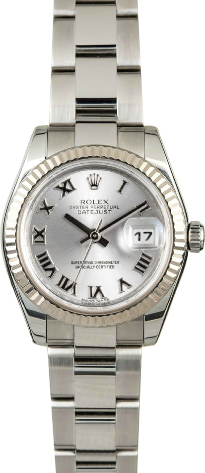 Pre Owned Used Rolex Silver Roman Numeral Dial 18K White Gold Fluted Bezel New-Style Oyster Band 178274