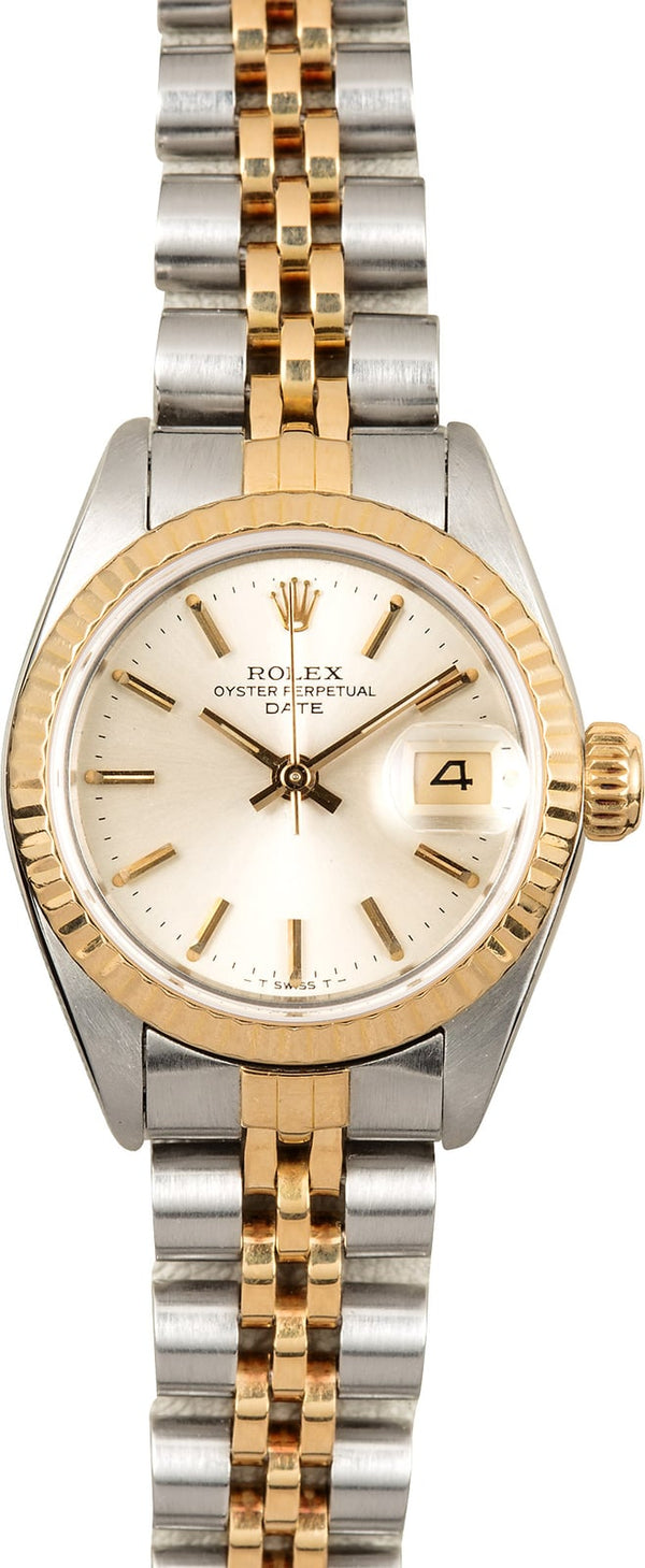Pre Owned Used Rolex Silver Dial 18K Gold Fluted Bezel Jubilee Band 69173