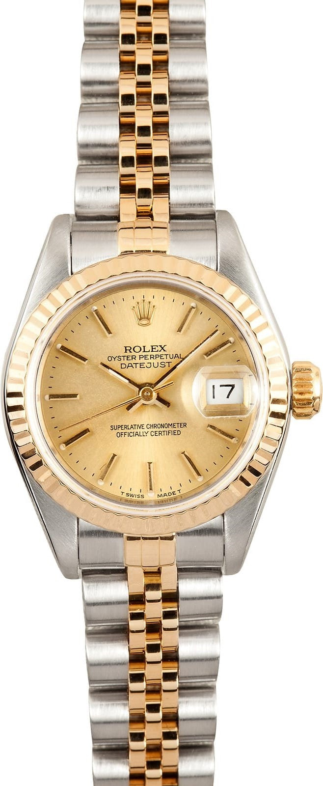 Pre Owned Used Rolex Champagne Dial 18K Gold Fluted Bezel Jubilee Band 69173