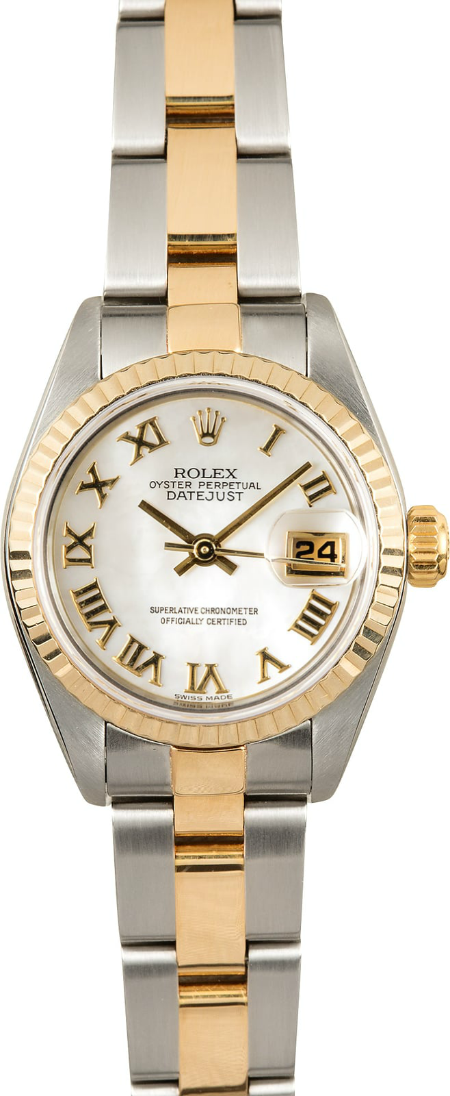 Pre Owned Used Rolex White Roman Numeral Dial 18K Gold Fluted Bezel Oyster Band 79173