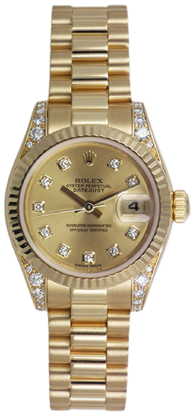 Pre Owned Women'S Used Rolex Champagne Diamond Dial 18K Gold Fluted Bezel Diamond Lugs 179238