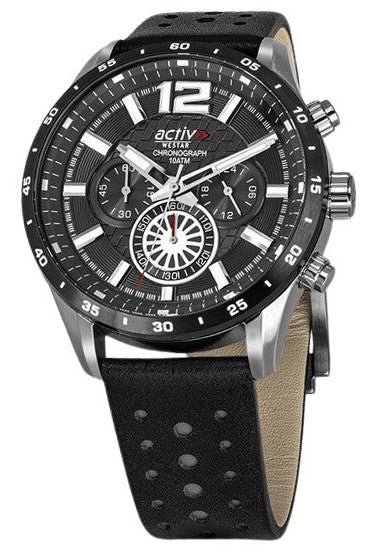 Westar Activ Chronograph Leather Strap Black Dial Quartz 90249SBN103 100M Men's Watch