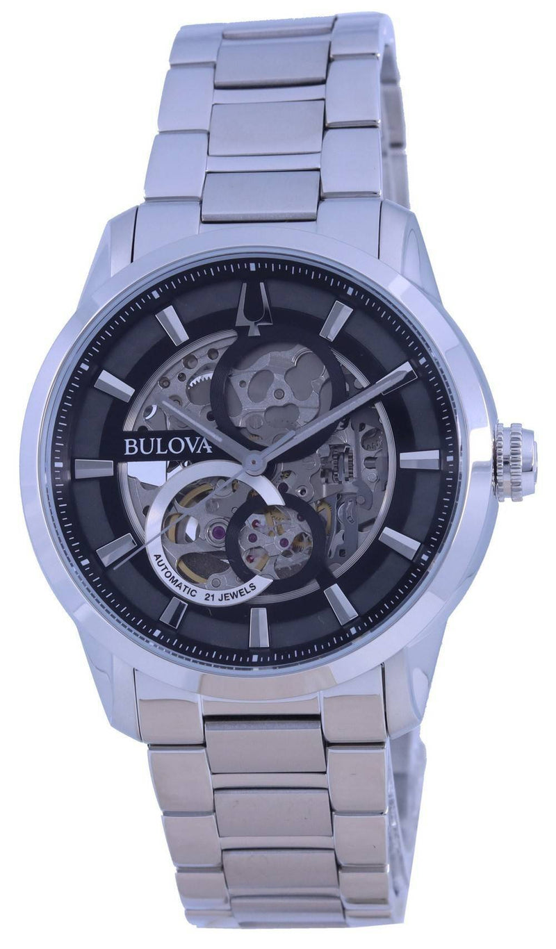 Bulova Classic Skeleton Black Dial Stainless Steel Automatic 96A208 Men's Watch