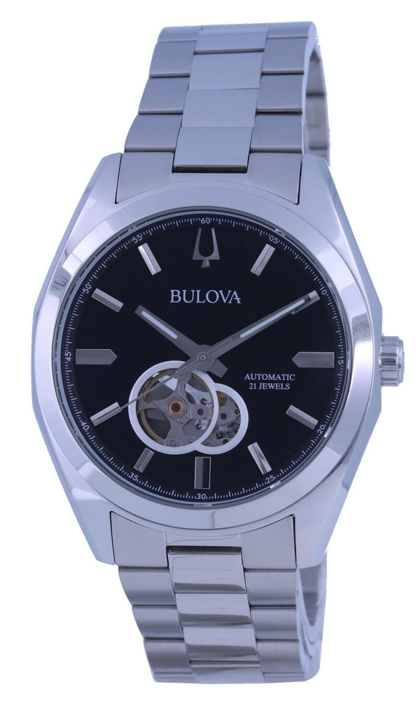 Bulova Surveyor Open Heart Black Dial Stainless Steel Automatic 96A270 Men's Watch