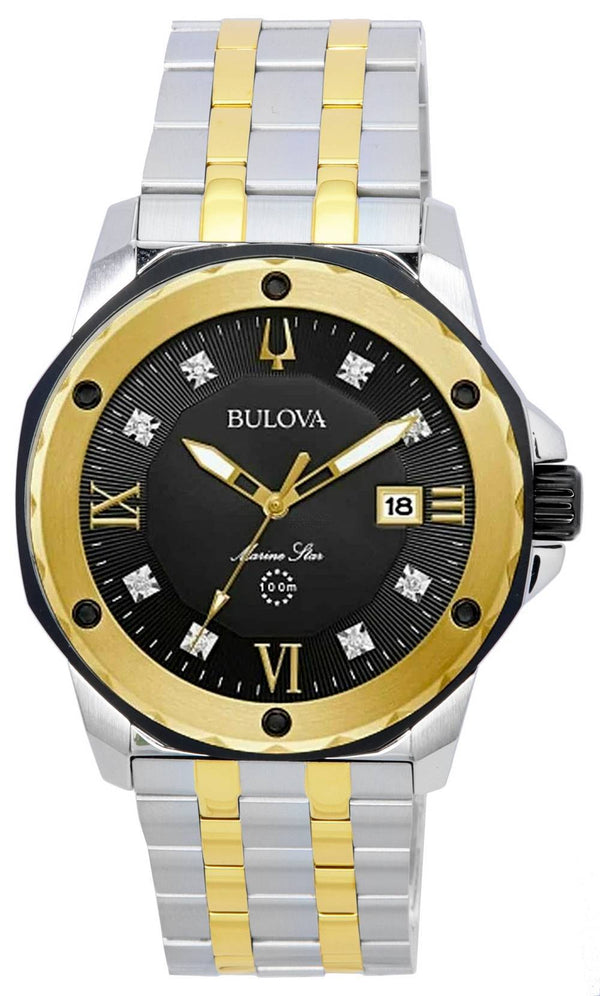 Bulova Marine Star Diamond Accents Black Dial Two Tone Quartz 98D175 100M Men's Watch