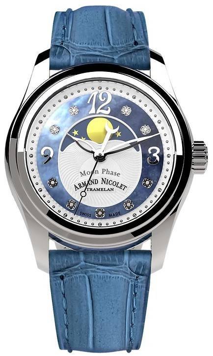 Armand Nicolet Tramelan M03 Diamond Accents Moon Phase Blue Mother Of Pearl Dial Quartz A151QAA-AK-P882LV8 100M Calf Leather Str