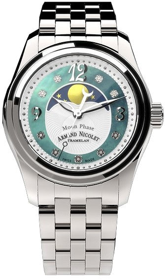 Armand Nicolet Tramelan M03 Diamond Accents Moon Phase Green Mother Of Pearl Dial Quartz A151QAA-AV-MA150 100M Stainless Steel W