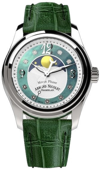 Armand Nicolet Tramelan M03 Diamond Accents Moon Phase Green Mother Of Pearl Dial Quartz A151QAA-AV-P882VR8 100M Calf Leather St