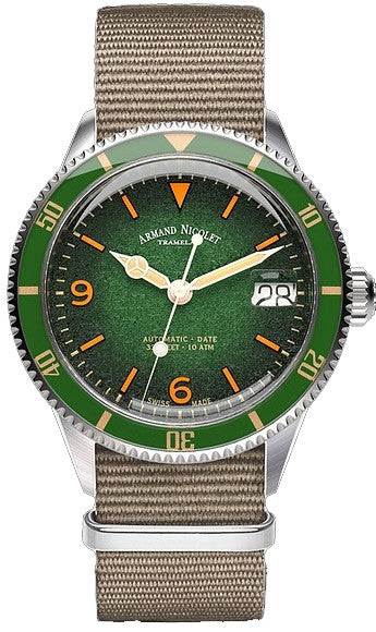 Armand Nicolet Tramelan VS1 Green Dial Automatic A500AVAA-VS-BN19500AAGG 100M Nylon Strap Men's Watch