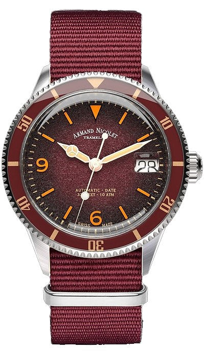 Armand Nicolet Tramelan VS1 Burgundy Dial Automatic A500AXAA-XS-BN19500AABX 100M Nylon Strap Men's Watch