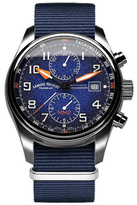 Armand Nicolet Tramelan MM2 Chronograph Blue Dial Automatic A647P-BN-BN22481AAUU 100M Nylon Strap Men's Watch