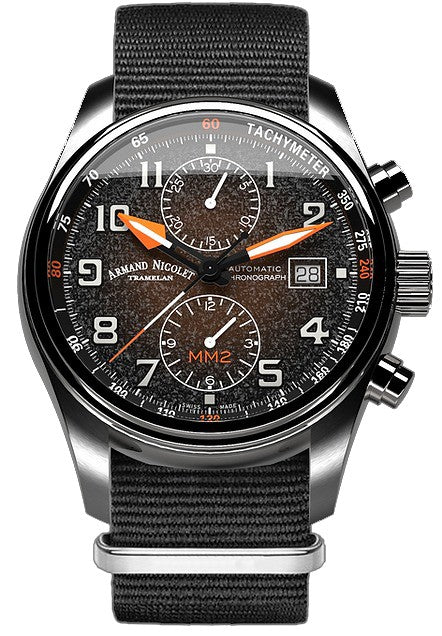 Armand Nicolet Tramelan MM2 Chronograph Black And Orange Dial Automatic A647P-KN-BN22481AANN 100M Canvas Strap Men's Watch