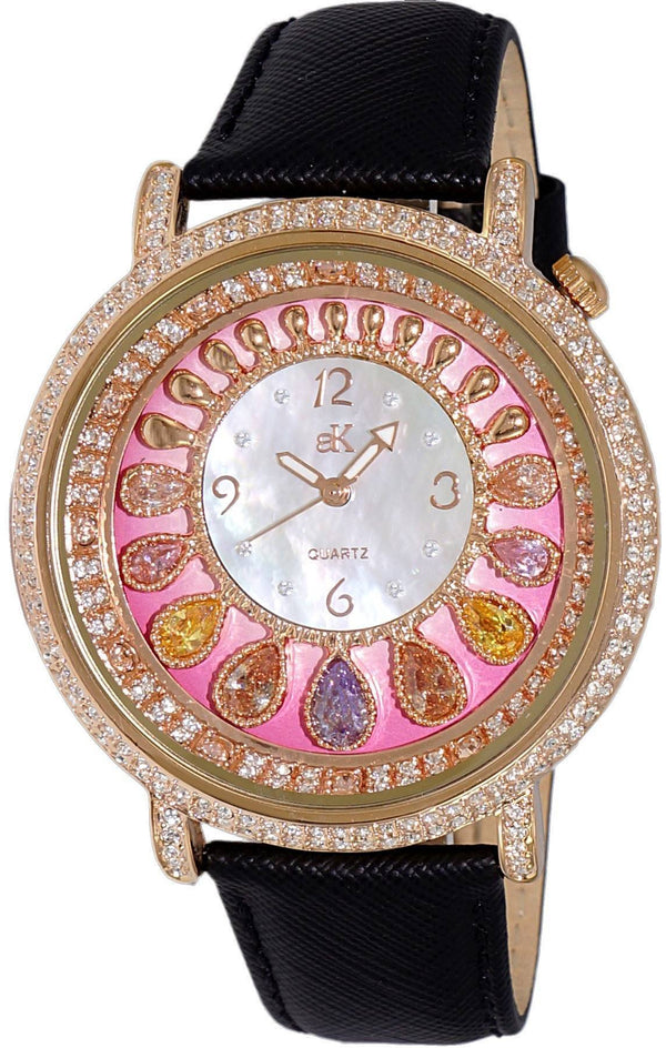 Adee Kaye Tear Drop Collection Crystal Accents Pink And White Mother Of Pearl Dial Quartz AK2112-LRG Women's Watch