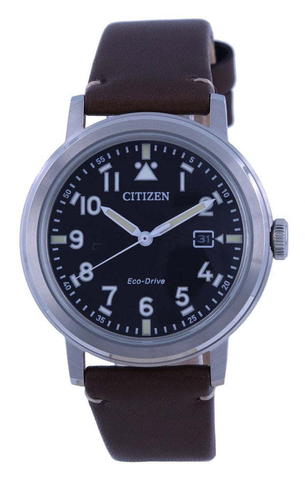 Citizen Military Black Dial Leather Strap Eco-Drive AW1620-21E 100M Men's Watch