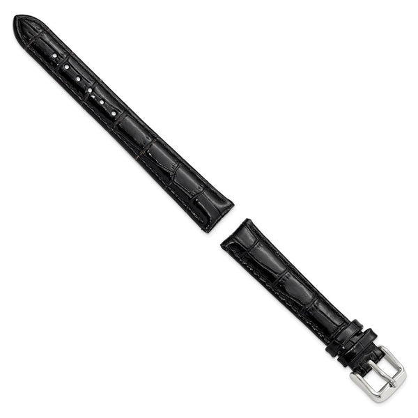 14mm Black Crocodile Grain Chrono Silver-tone Buckle Watch Band