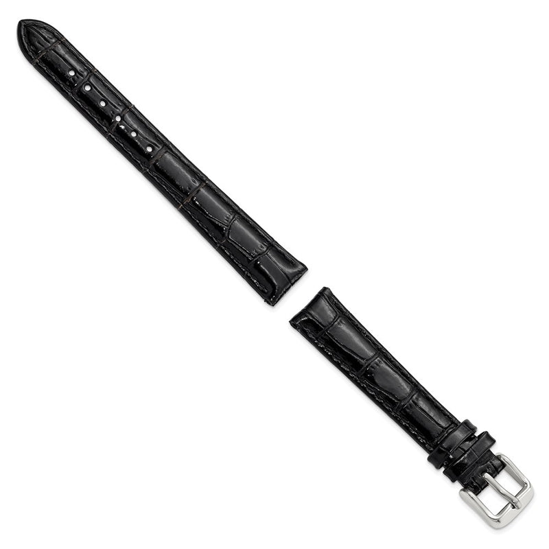 14mm Black Crocodile Grain Chrono Silver-tone Buckle Watch Band