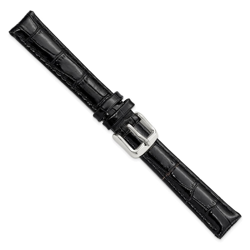 14mm Black Crocodile Grain Chrono Silver-tone Buckle Watch Band