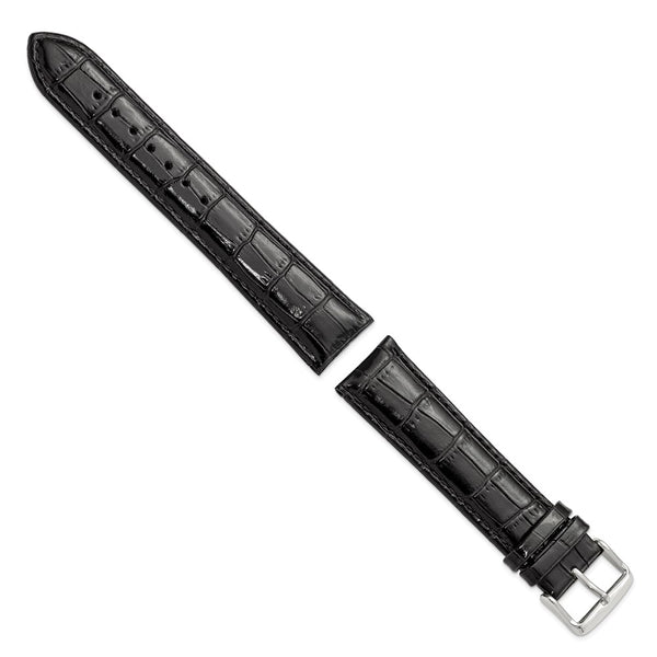 22mm Long Black Crocodile Chrono Silver-tone Buckle Watch Band