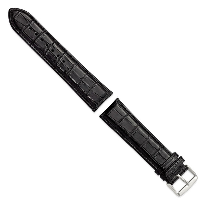 DeBeer 24mm Long Black Crocodile Grain Chronograph Leather with Silver-tone Buckle 8.5 inch Watch Band